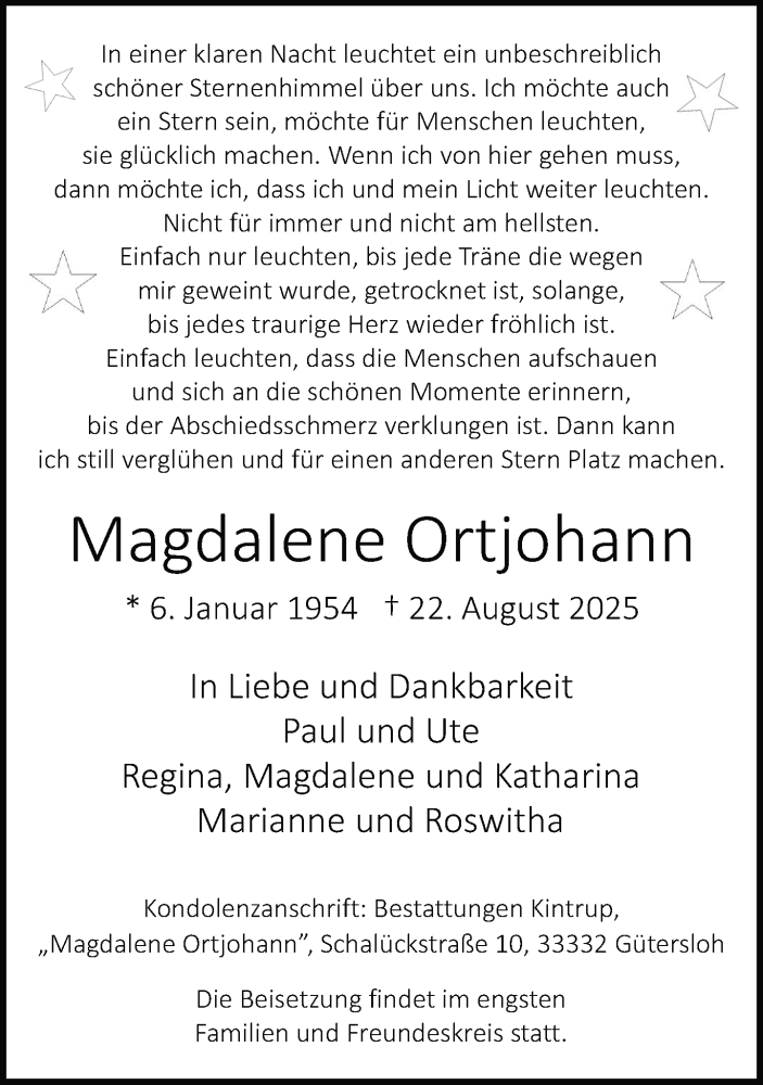  Traueranzeige für Magdalene Ortjohann vom 06.09.2025 aus Neue Westfälische und Westfalen-Blatt