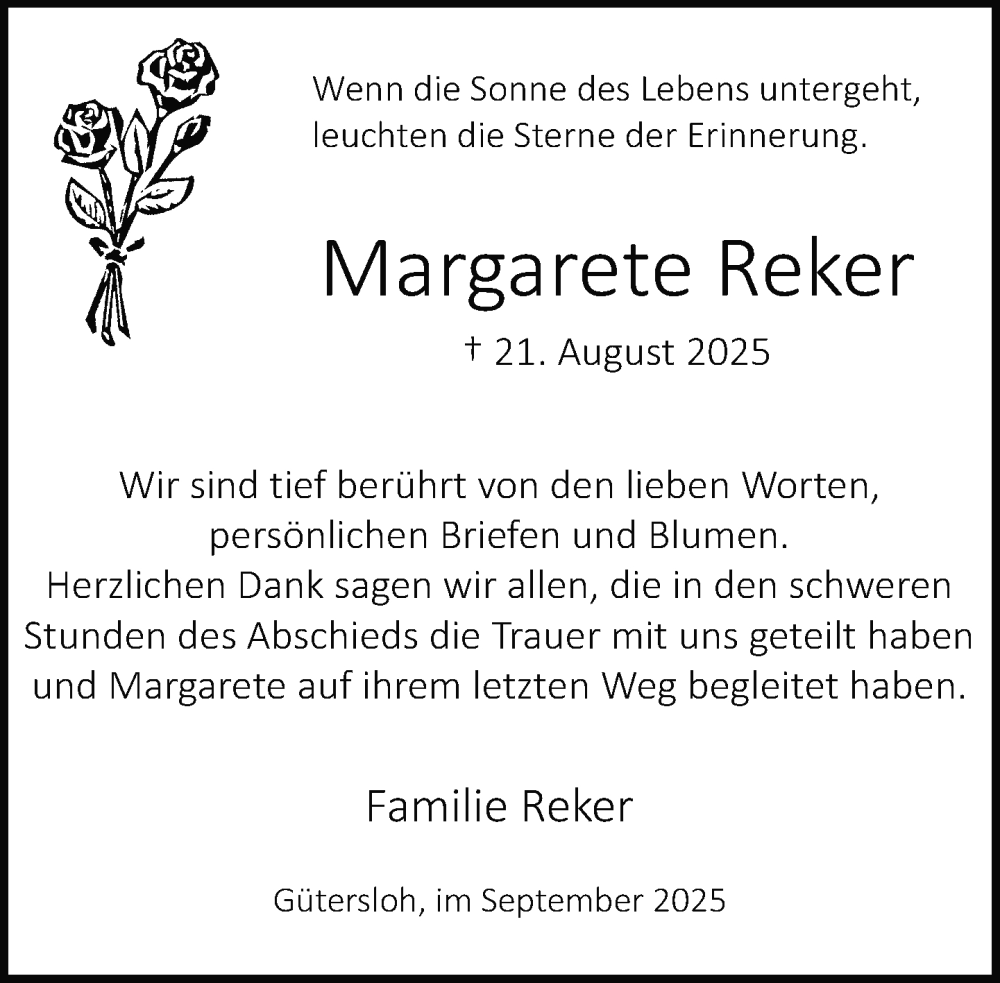  Traueranzeige für Margarete Reker vom 17.09.2025 aus Neue Westfälische und Westfalen-Blatt