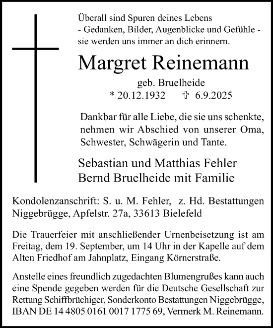 Traueranzeige von Margret Reinemann von Neue Westfälische und Westfalen-Blatt