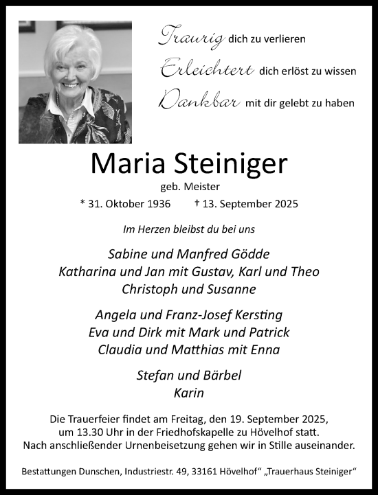 Traueranzeige von Maria Steiniger von Neue Westfälische und Westfalen-Blatt