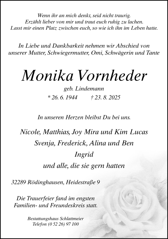 Traueranzeige von Monika Vornheder von Neue Westfälische und Westfalen-Blatt