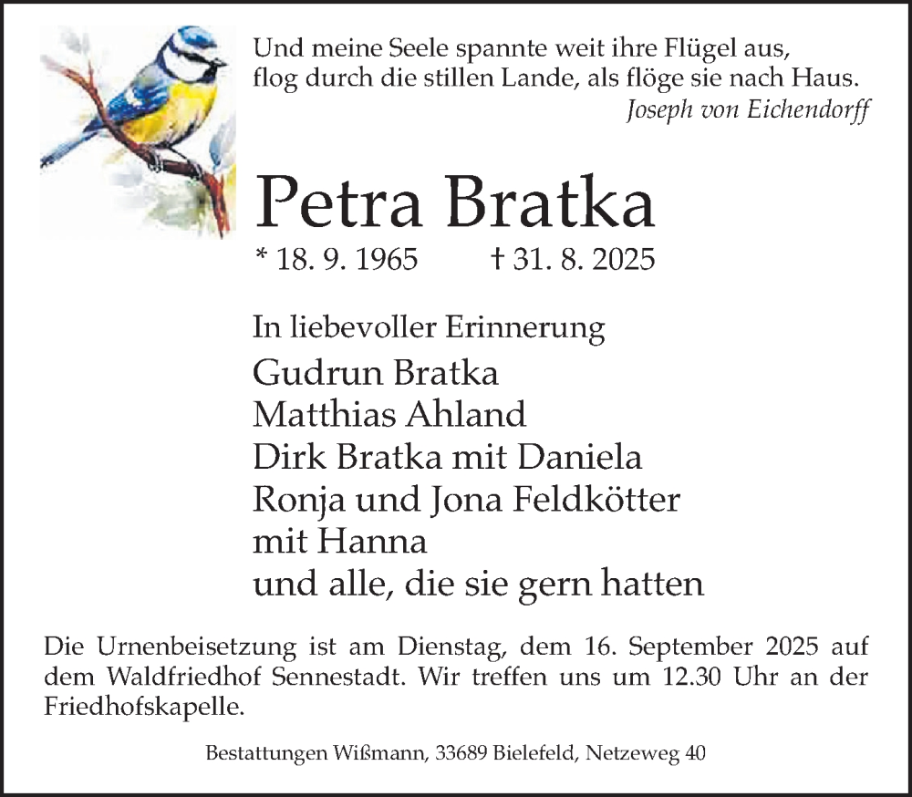  Traueranzeige für Petra Bratka vom 13.09.2025 aus Neue Westfälische und Westfalen-Blatt