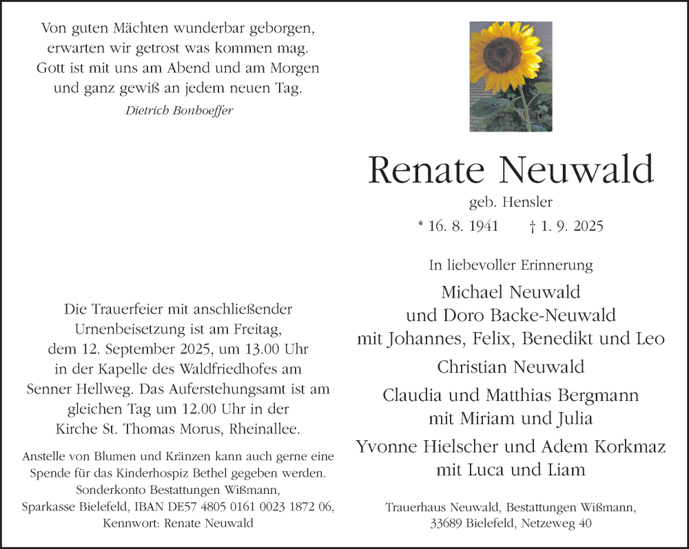 Traueranzeige für Renate Neuwald vom 09.09.2025 aus Neue Westfälische und Westfalen-Blatt