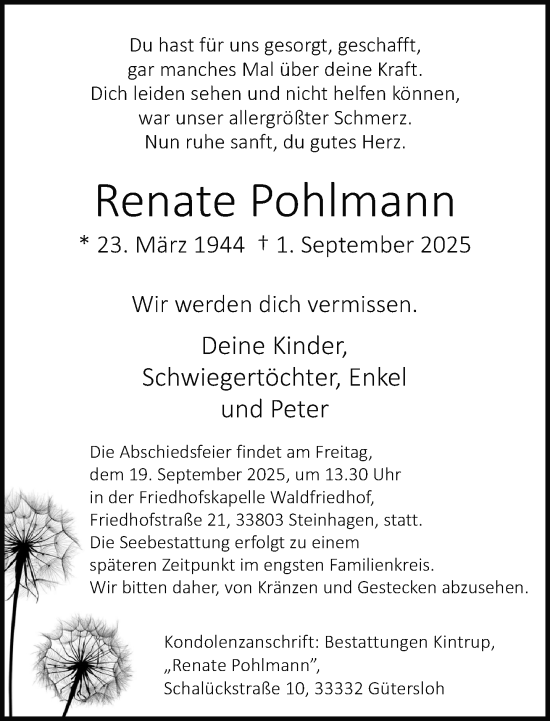 Traueranzeige von Renate Pohlmann von Neue Westfälische und Westfalen-Blatt