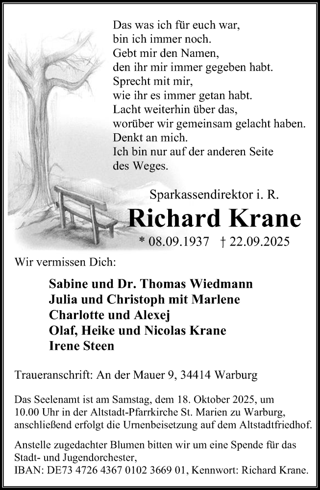 Traueranzeige für Richard Krane vom 27.09.2025 aus Neue Westfälische und Westfalen-Blatt