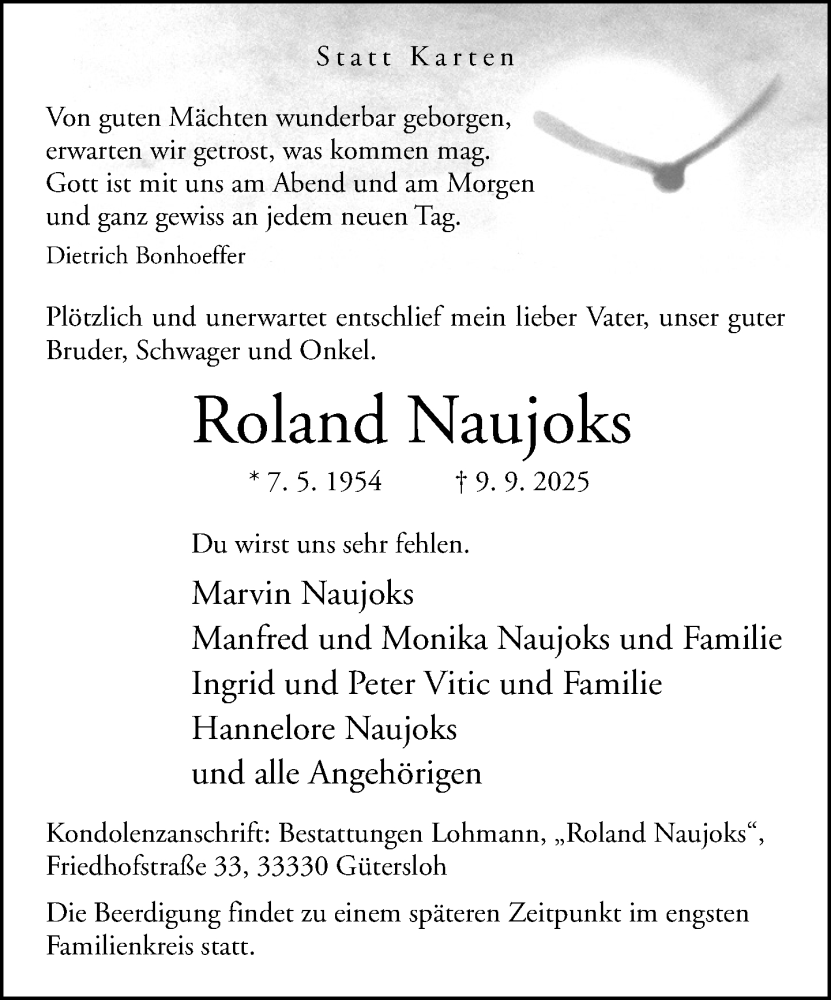  Traueranzeige für Roland Naujoks vom 15.09.2025 aus Neue Westfälische und Westfalen-Blatt