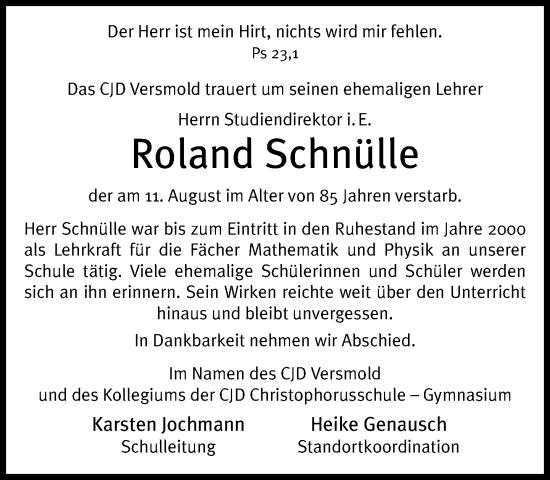 Traueranzeige von Roland Schnülle von Neue Westfälische und Westfalen-Blatt
