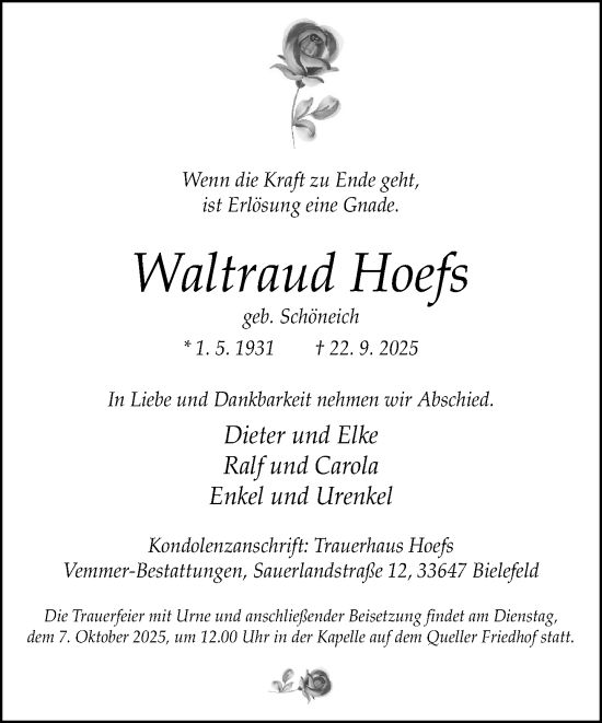 Traueranzeige von Waltraud Hoefs von Neue Westfälische und Westfalen-Blatt