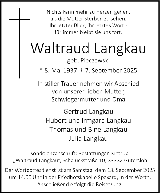Traueranzeige von Waltraud Langkau von Neue Westfälische und Westfalen-Blatt