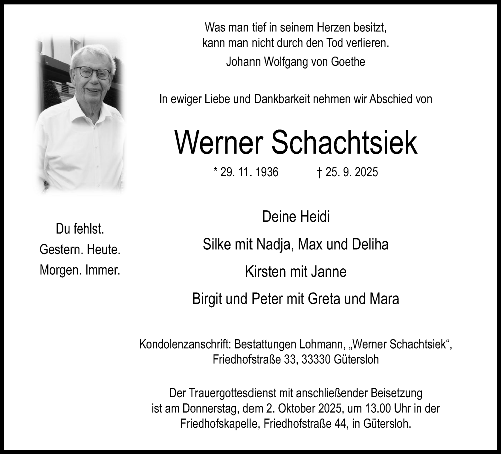  Traueranzeige für Werner Schachtsiek vom 30.09.2025 aus Neue Westfälische und Westfalen-Blatt
