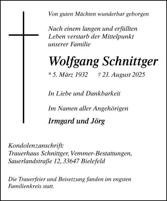 Traueranzeige von Wolfgang Schnittger von Neue Westfälische und Westfalen-Blatt