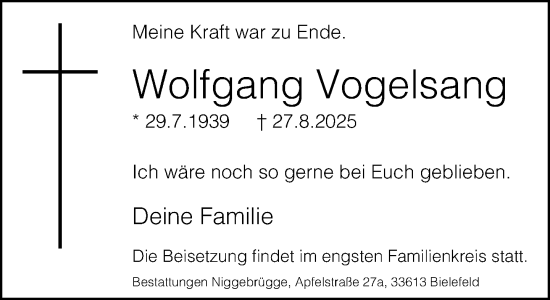 Traueranzeige von Wolfgang Vogelsang von Neue Westfälische und Westfalen-Blatt