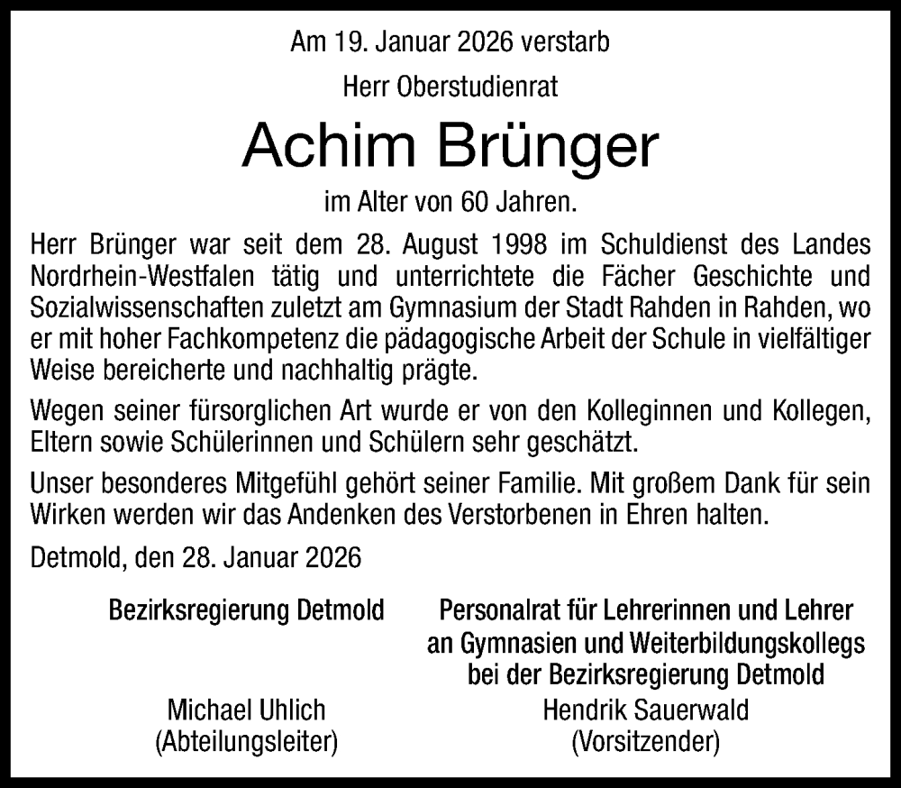  Traueranzeige für Achim Brünger vom 30.01.2026 aus Neue Westfälische und Westfalen-Blatt