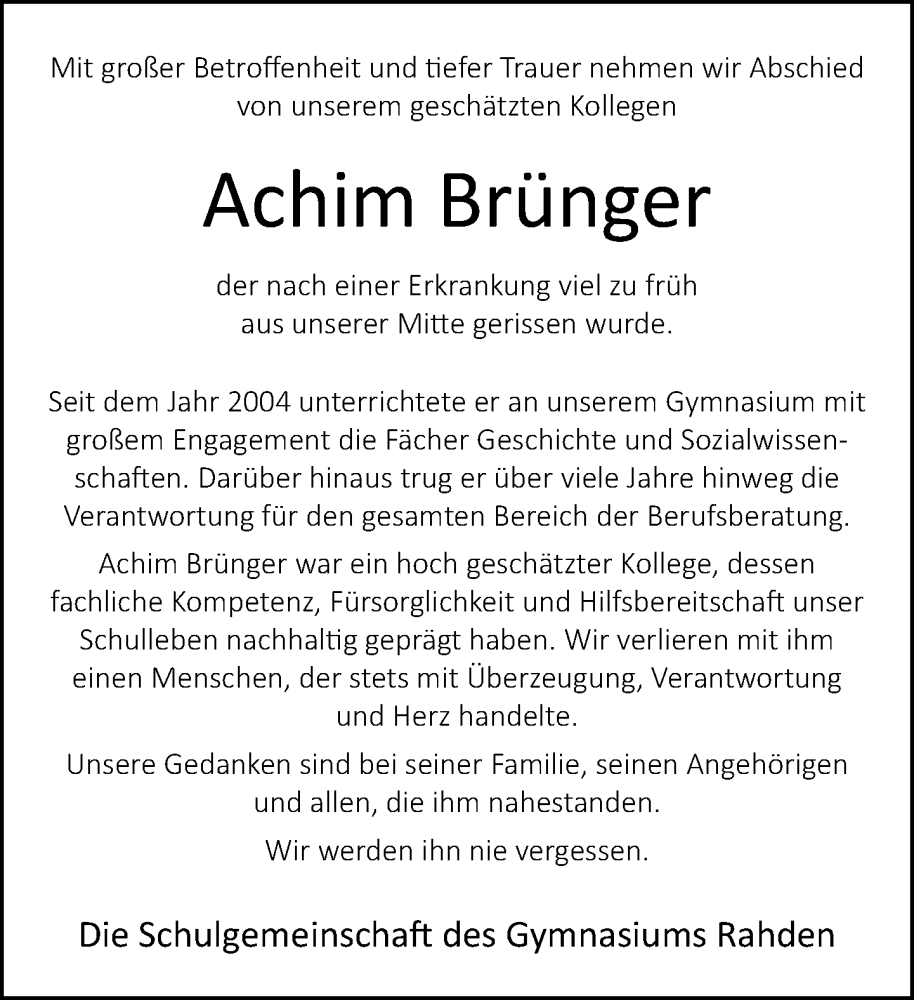  Traueranzeige für Achim Brünger vom 30.01.2026 aus Neue Westfälische und Westfalen-Blatt