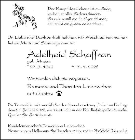 Traueranzeige von Adelheid Schaffran von Neue Westfälische und Westfalen-Blatt