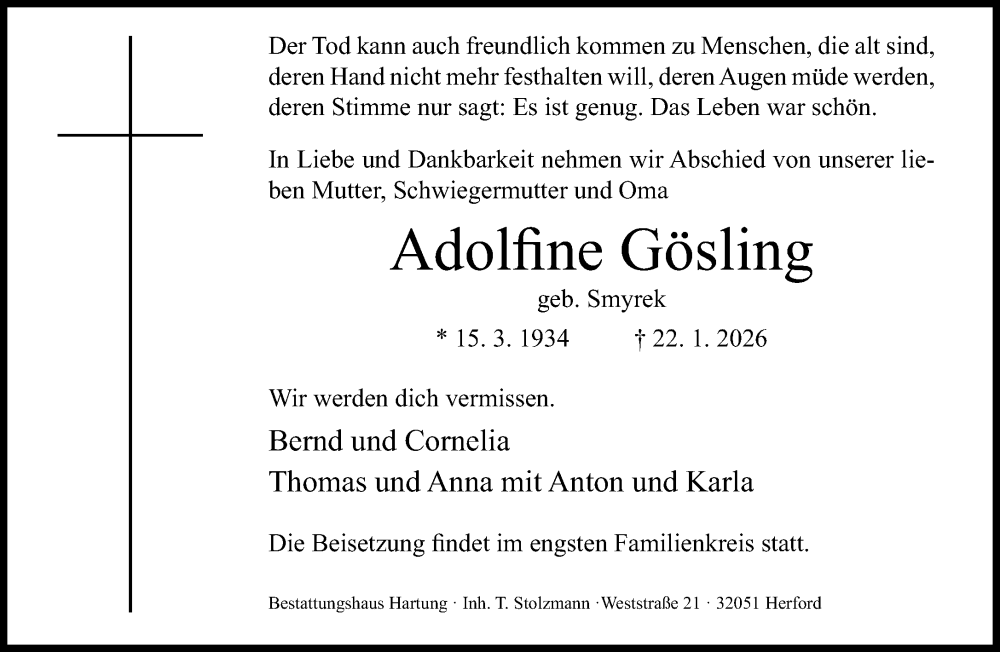  Traueranzeige für Adolfine Gösling vom 24.01.2026 aus Neue Westfälische und Westfalen-Blatt