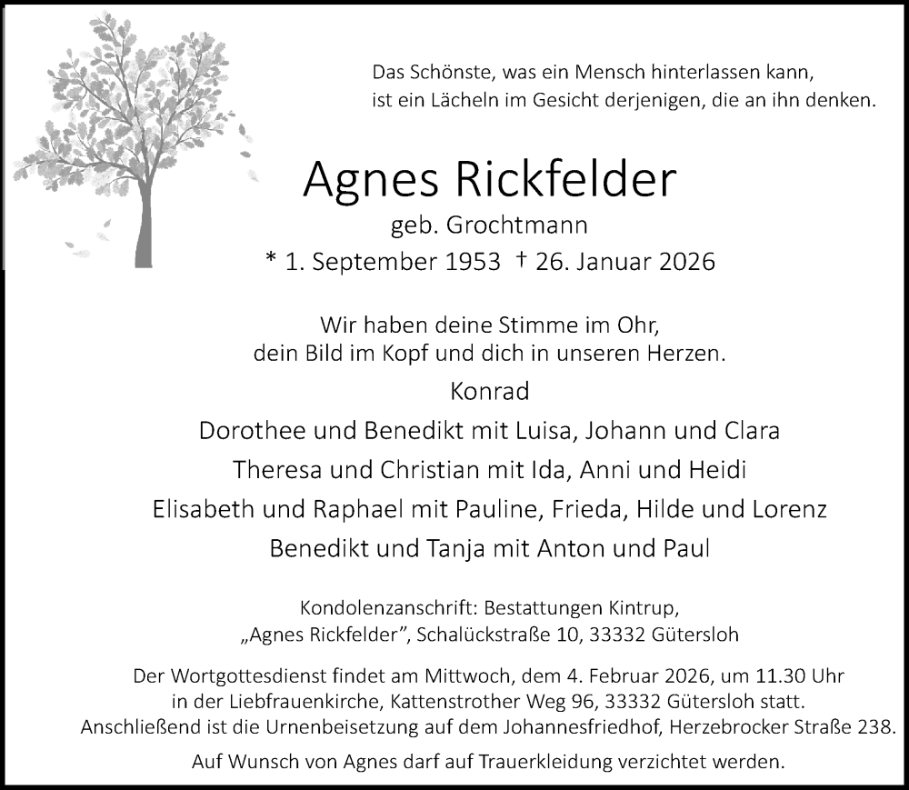  Traueranzeige für Agnes Rickfelder vom 31.01.2026 aus Neue Westfälische und Westfalen-Blatt
