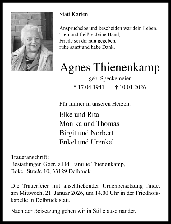 Traueranzeige von Agnes Thienenkamp von Neue Westfälische und Westfalen-Blatt