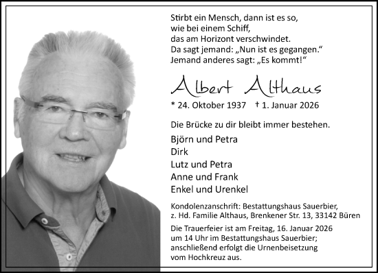 Traueranzeige von Albert Althaus von Neue Westfälische und Westfalen-Blatt