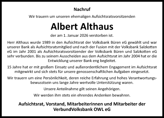 Traueranzeige von Albert Althaus von Neue Westfälische und Westfalen-Blatt