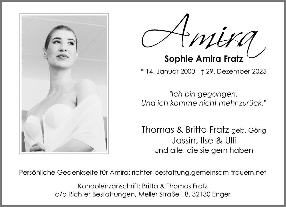  Traueranzeige für Amira Sophie Fratz vom 10.01.2026 aus Neue Westfälische und Westfalen-Blatt