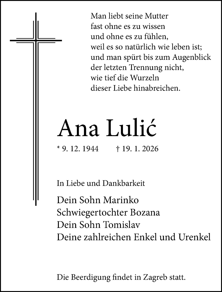  Traueranzeige für Ana Lulic vom 24.01.2026 aus Neue Westfälische und Westfalen-Blatt