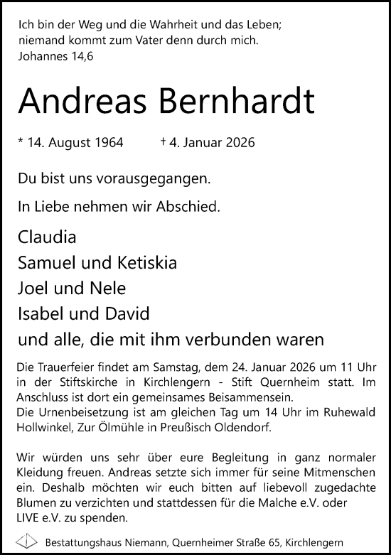 Traueranzeige von Andreas Bernhardt von Neue Westfälische und Westfalen-Blatt
