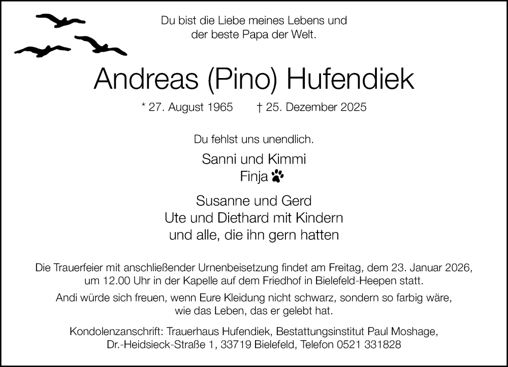  Traueranzeige für Andreas Hufendiek vom 10.01.2026 aus Neue Westfälische und Westfalen-Blatt