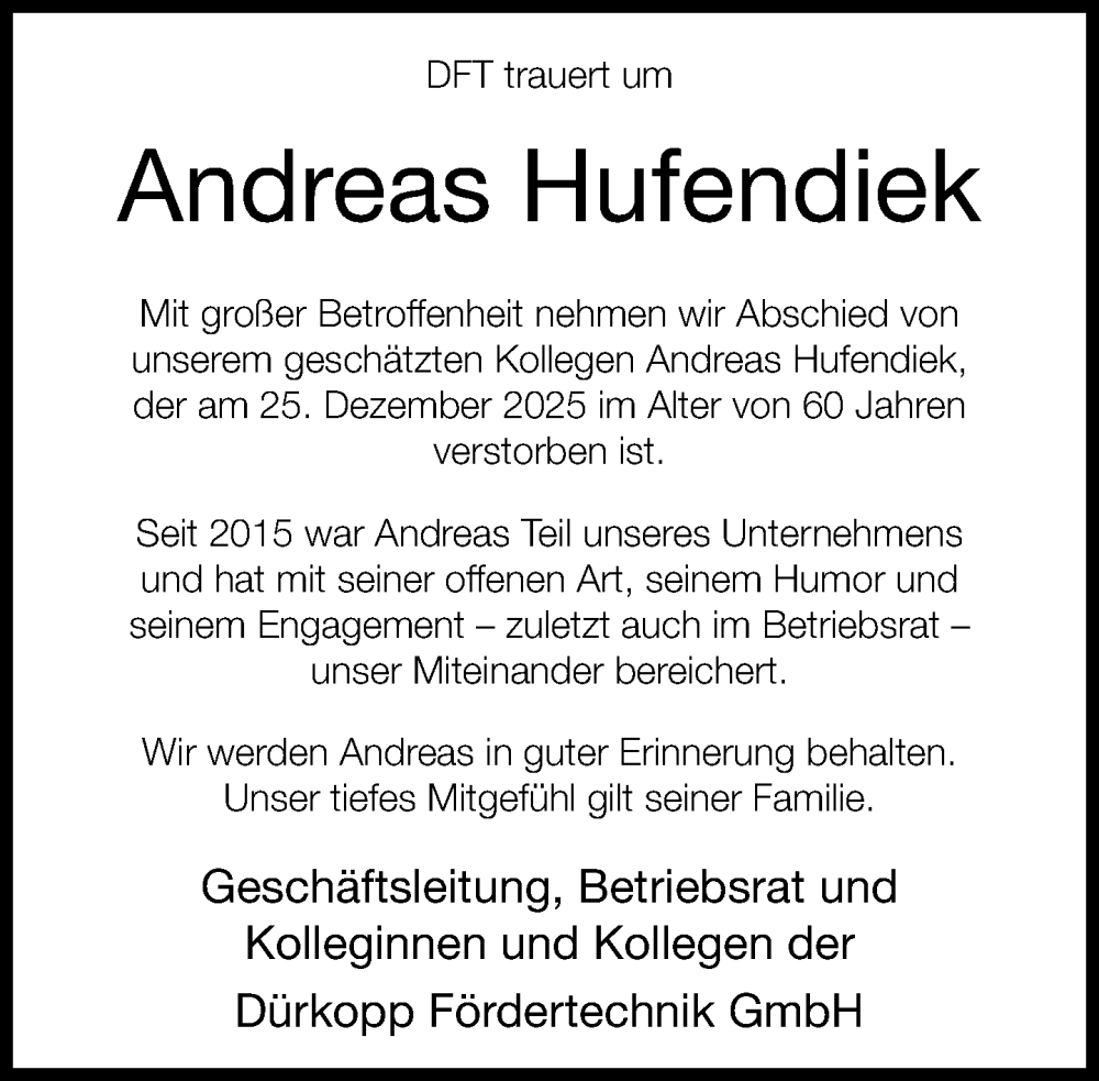  Traueranzeige für Andreas Hufendiek vom 10.01.2026 aus Neue Westfälische und Westfalen-Blatt
