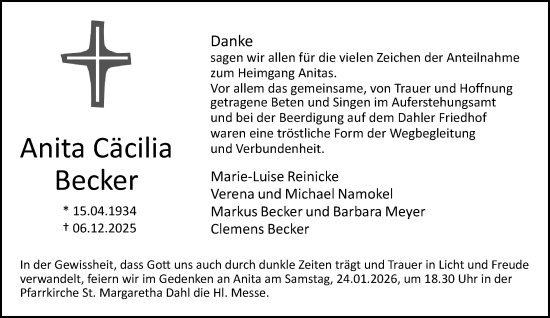 Traueranzeige von Anita Cäcilia Becker von Neue Westfälische und Westfalen-Blatt