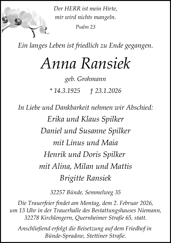  Traueranzeige für Anna Ransiek vom 31.01.2026 aus Neue Westfälische und Westfalen-Blatt