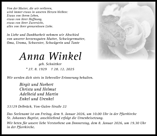 Traueranzeige von Anna Winkel von Neue Westfälische und Westfalen-Blatt