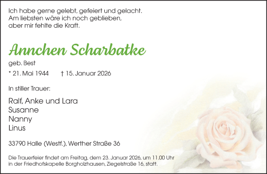 Traueranzeige von Annchen Scharbatke von Neue Westfälische und Westfalen-Blatt