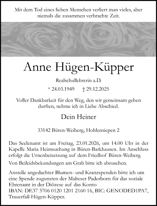 Traueranzeige von Anne Hügen-Küpper von Neue Westfälische und Westfalen-Blatt