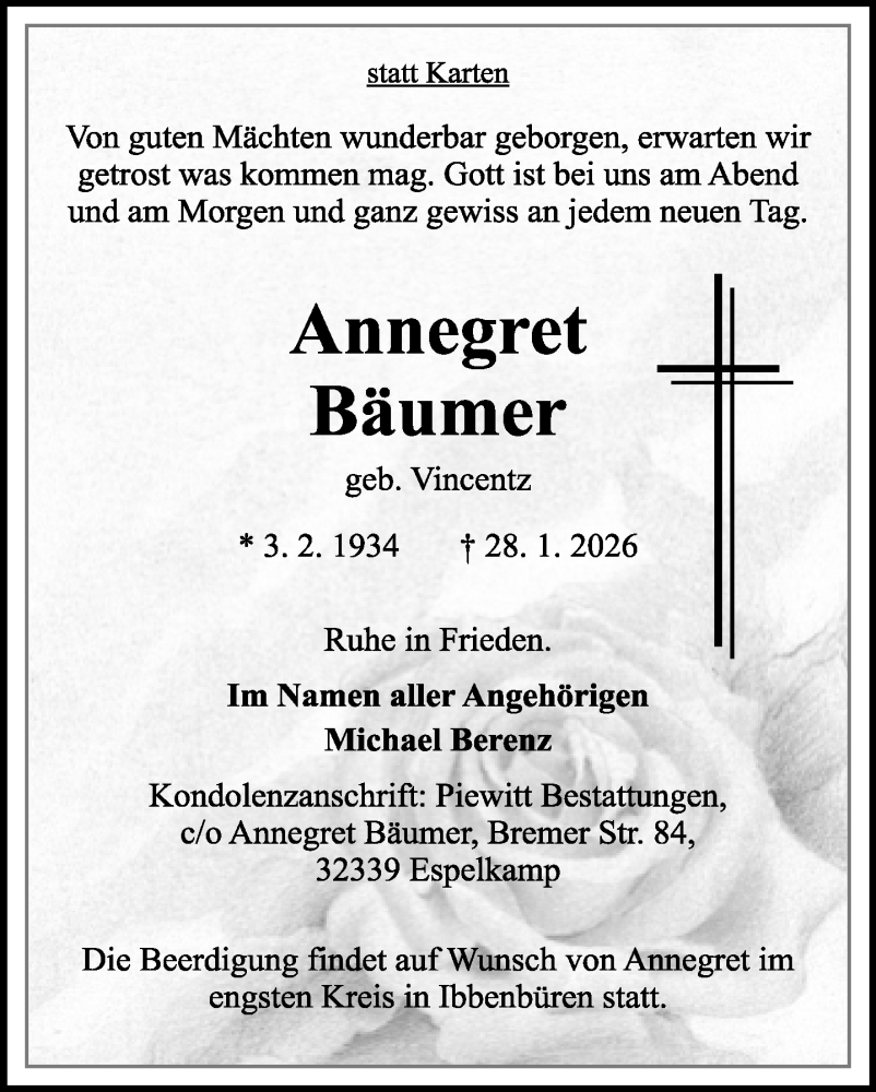  Traueranzeige für Annegret Bäumer vom 31.01.2026 aus Neue Westfälische und Westfalen-Blatt