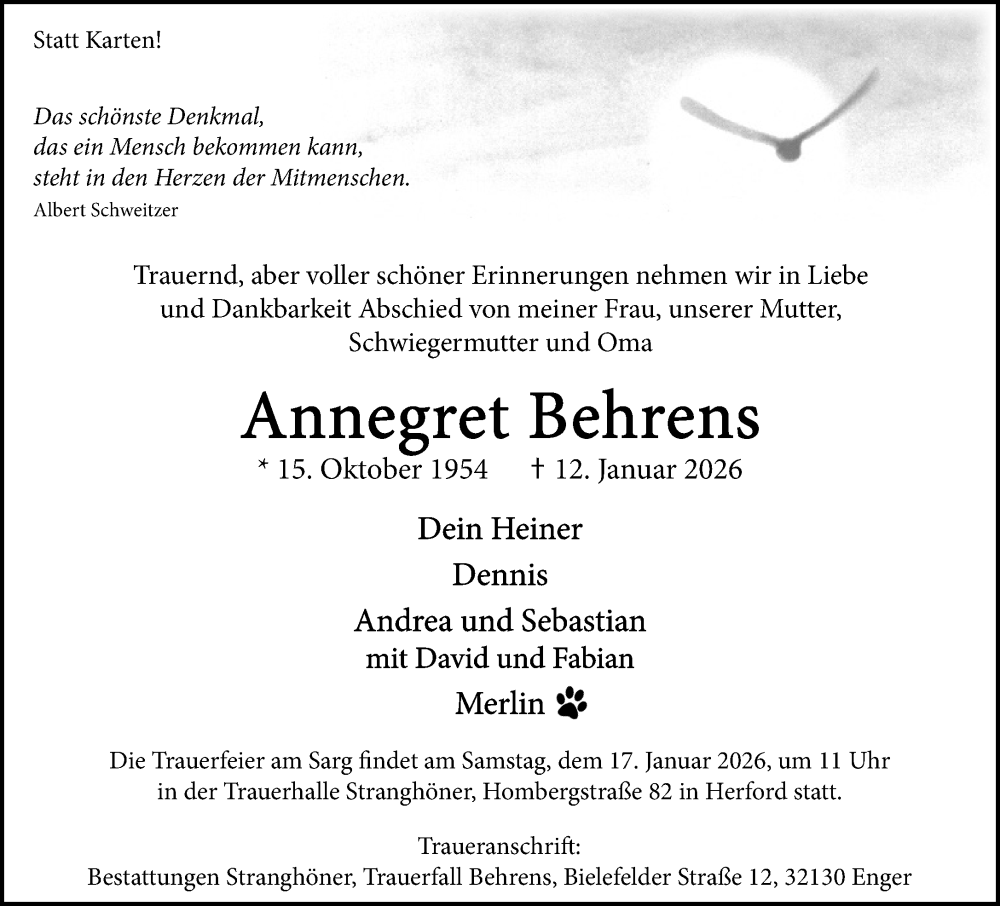  Traueranzeige für Annegret Behrens vom 15.01.2026 aus Neue Westfälische und Westfalen-Blatt