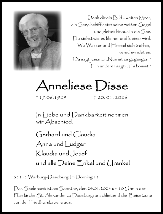 Traueranzeige von Anneliese Disse von Neue Westfälische und Westfalen-Blatt