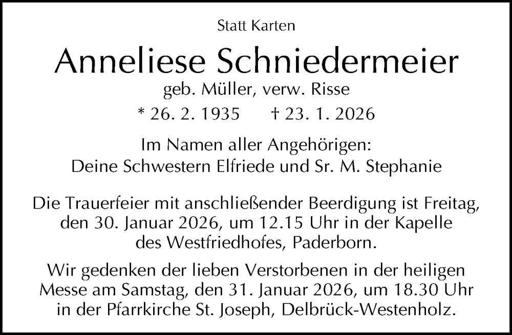  Traueranzeige für Anneliese Schniedermeier vom 28.01.2026 aus Neue Westfälische und Westfalen-Blatt