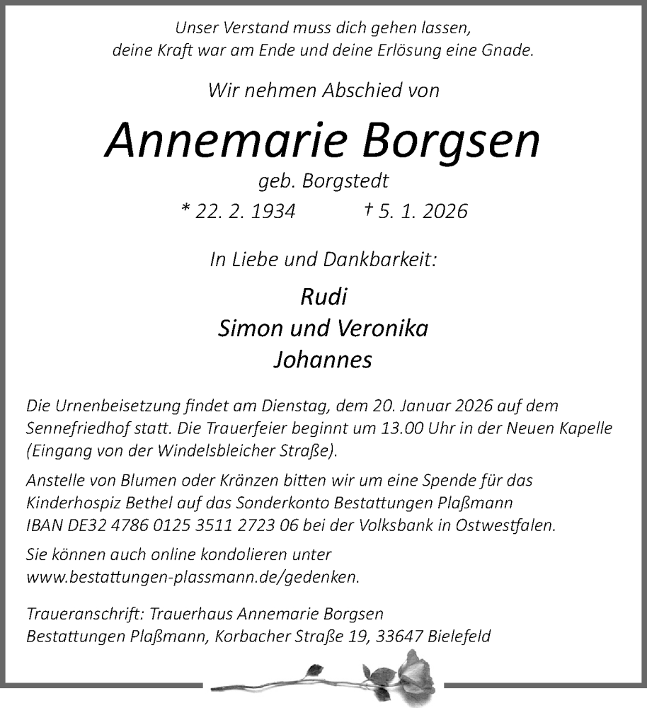  Traueranzeige für Annemarie Borgsen vom 17.01.2026 aus Neue Westfälische und Westfalen-Blatt