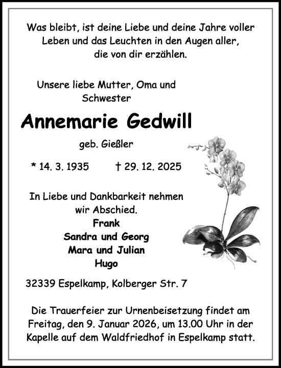 Traueranzeige von Annemarie Gedwill von Neue Westfälische und Westfalen-Blatt