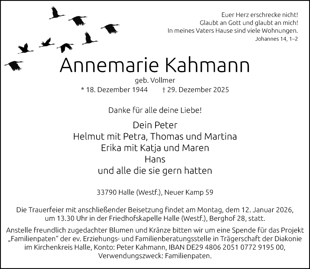  Traueranzeige für Annemarie Kahmann vom 03.01.2026 aus Neue Westfälische und Westfalen-Blatt