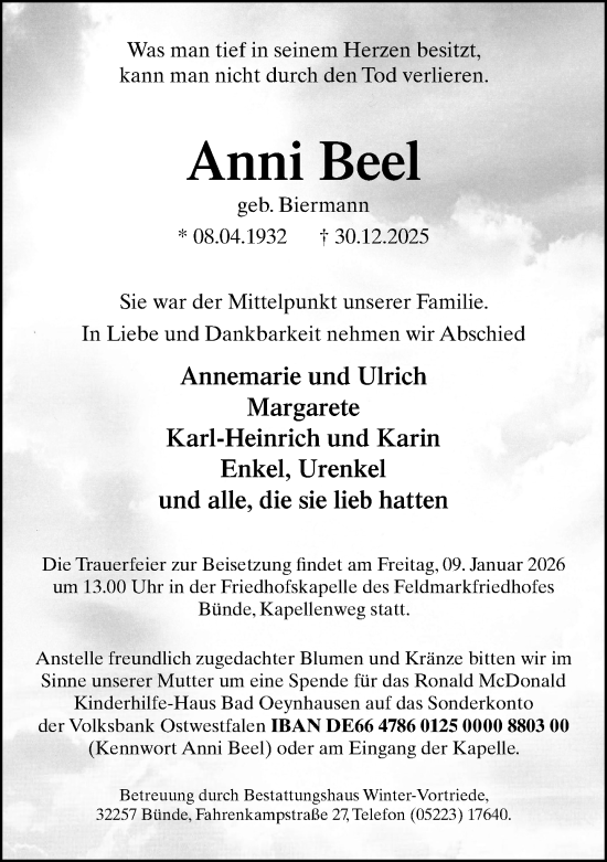 Traueranzeige von Anni Beel von Neue Westfälische und Westfalen-Blatt