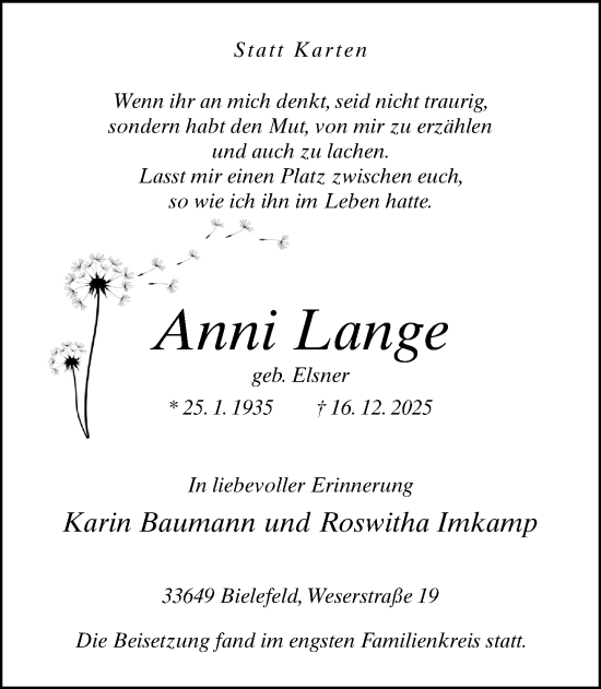 Traueranzeige von Anni Lange von Neue Westfälische und Westfalen-Blatt