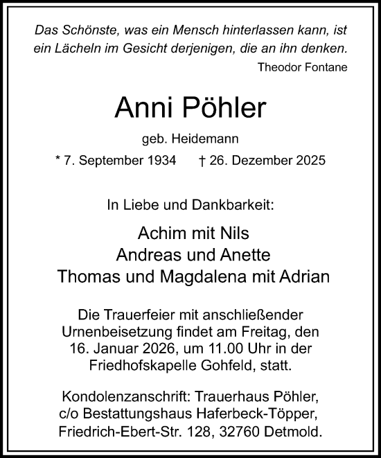 Traueranzeige von Anni Pöhler von Neue Westfälische und Westfalen-Blatt