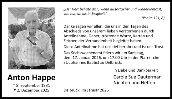 Traueranzeige von Anton Happe von Neue Westfälische und Westfalen-Blatt