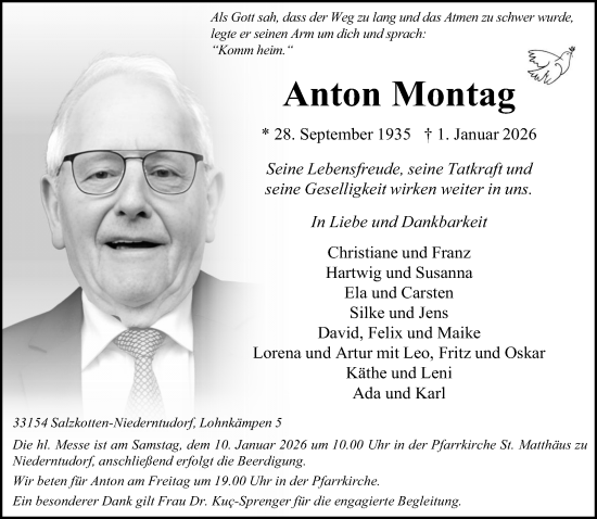 Traueranzeige von Anton Montag von Neue Westfälische und Westfalen-Blatt