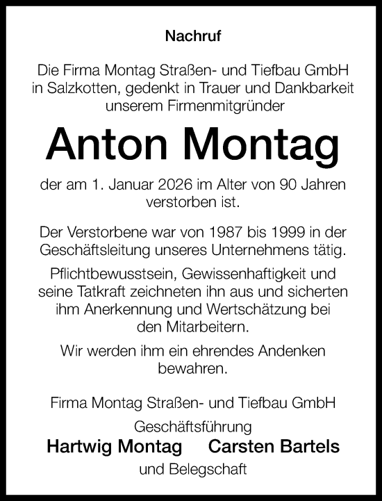Traueranzeige von Anton Montag von Neue Westfälische und Westfalen-Blatt