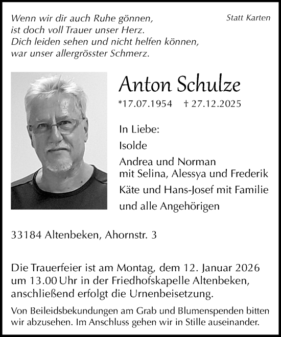 Traueranzeige von Anton Schulze von Neue Westfälische und Westfalen-Blatt