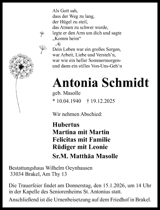 Traueranzeige von Antonia Schmidt von Neue Westfälische und Westfalen-Blatt
