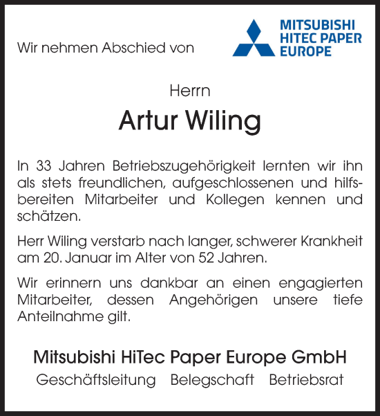 Traueranzeige von Artur Wiling von Neue Westfälische und Westfalen-Blatt